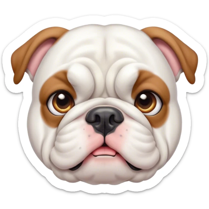 Cinematic Cute White English Bulldog Portrait Emoji, Head tilted playfully and inquisitively, featuring a silky pure white coat with a gentle sheen, round, sparkling brown eyes filled with curiosity, Simplified yet irresistibly adorable features, highly detailed, glowing with a warm, friendly glow, high shine, affectionate and charming, stylized with a touch of whimsy, bright and endearing, soft glowing outline, capturing the essence of a mischievous yet loving companion, so playful it feels like it could bound out of the screen and into your arms! sticker