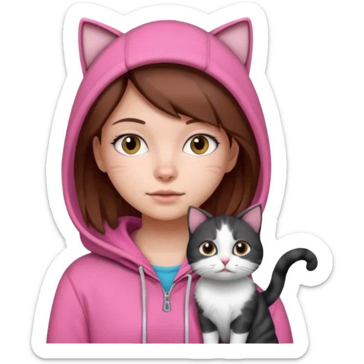 girl in pink hoodie and brown hair with a black and white cat sticker