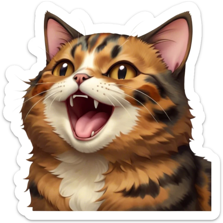 Cinematic Cute Yawning Tortoiseshell Cat Portrait Emoji, Head slightly tilted with a wide, adorable yawn and half-closed, dreamy eyes, featuring a warm, mottled fur of rich browns and blacks, simplified yet irresistibly cute, highly detailed, glowing with a soft, slumbering radiance, high shine, exuding a relaxed, drowsy charm, styled with a gentle, soft glowing outline, capturing the essence of a tortoiseshell cat in a precious moment of sleepy delight! sticker