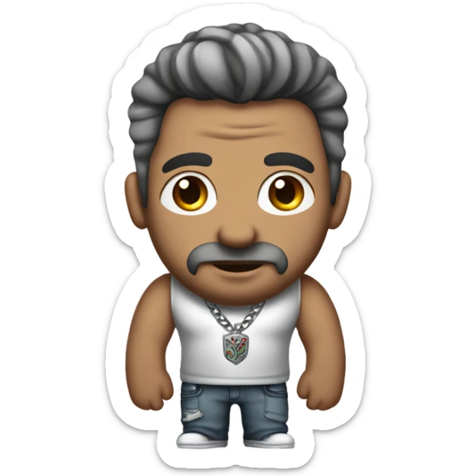 Full body image  of a Man with tattoos, brown hair and grey highlights, thick silver Cuban necklace that has big bug eyes looking  sticker