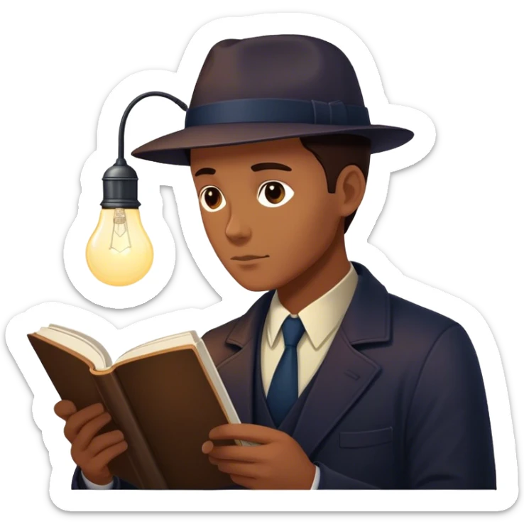  detective reads a book with a bold silhouette of a person on the cover, symbolizing a subject under investigation. The cover’s design is minimalist yet striking, hinting at mystery and deep research. A glowing lightbulb above the detective’s head signifies a moment of realization. sticker
