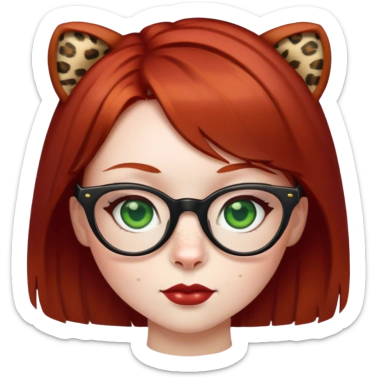 a girl with short and dark red hair, white skin, leopard glasses and green eyes  sticker