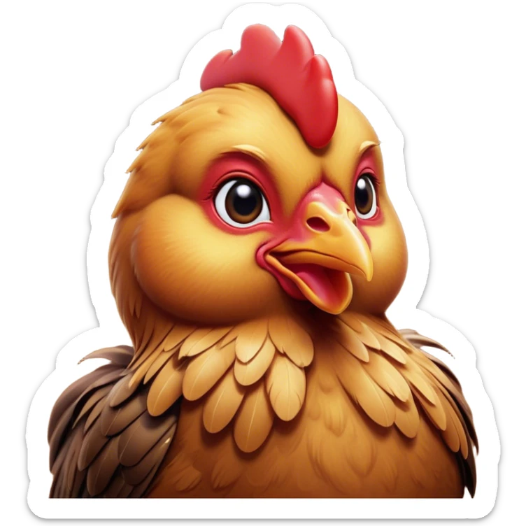 Cinematic Cute Brown Chicken Portrait Emoji, Head tilted playfully and inquisitively, featuring a lustrous brown feathered coat with a natural sheen and a subtle red comb, round, sparkling beady eyes filled with curiosity, Simplified yet irresistibly adorable features, highly detailed, glowing with a warm, friendly glow, high shine, affectionate and lively, stylized with a touch of country charm, bright and endearing, soft glowing outline, capturing the essence of a mischievous yet loving chicken, so playful it feels like it could peck out of the screen and into your arms! sticker