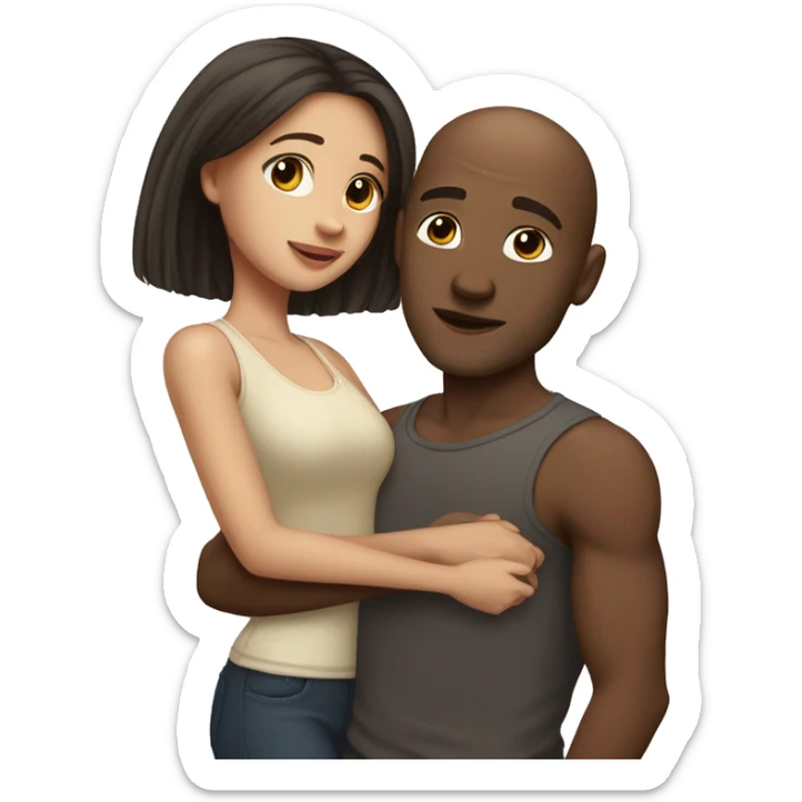 Light skin girl with long dark hair hugging brown skin man with no hair sticker
