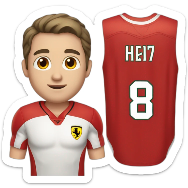 a young white man with no beard and very short dark hair and brown eyes in a red ferrari jersey sticker