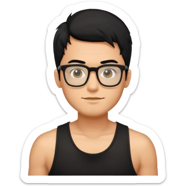 portrait of man, wearing a tank top, square glasses, black hair sticker