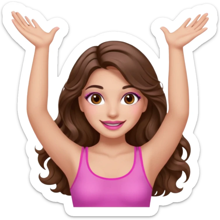 girl with long wavy brown hair, brown eyes, long lashes makeup, sexy pink lips, light to medium complexion, wearing a pink sexy top, both hands in the air high sticker
