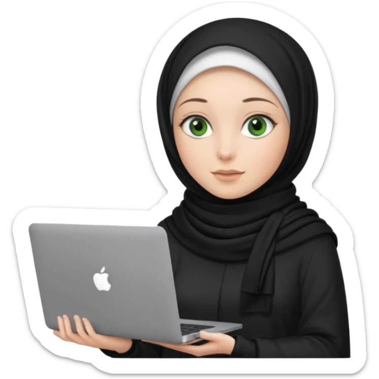 women with black scarf hijab , with green eyes  ,without hair, with macbook sticker
