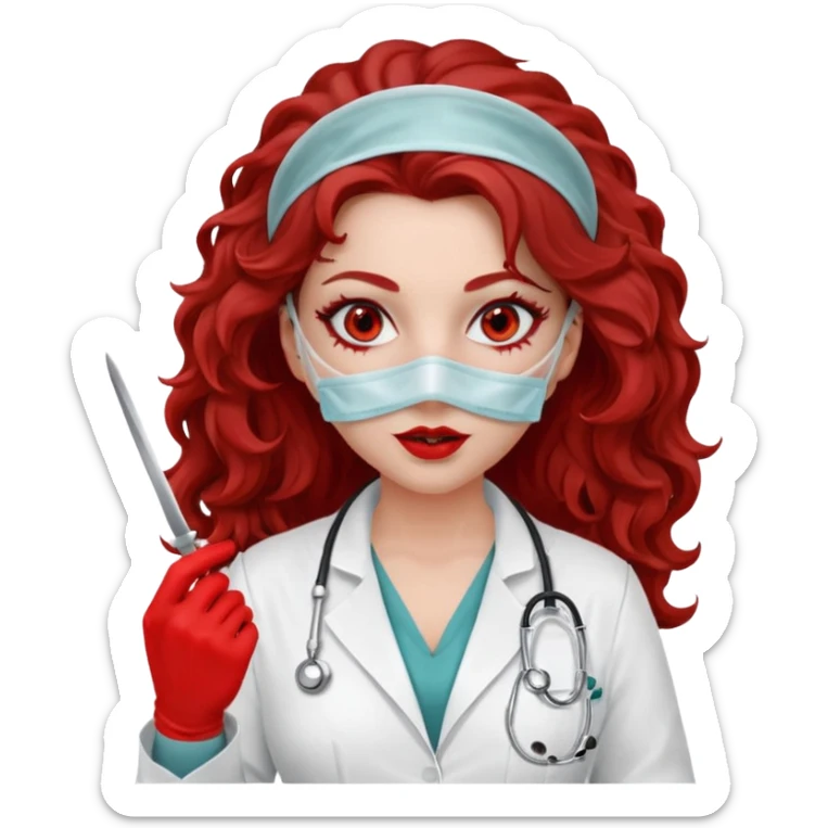 Scary woman scalpel in hand, evil surgeon sexy surgeon clothes.  She has red eyes. Her  brown long curly hair. Wears sexy doctor outfit with red gloves. make her hair free and brown but have mouthy  wear  mask  to hide. Wears white surgeon jacket and  face under a veil sticker