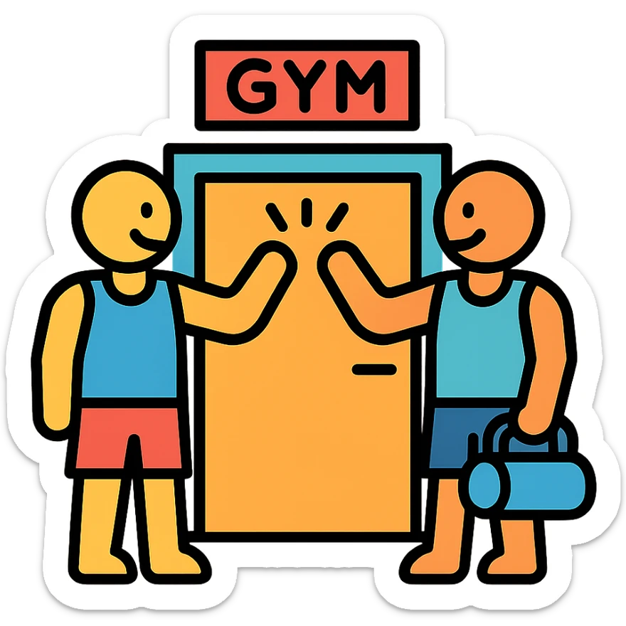 two gym buddies meeting at the gym entrance, minimal and recognizable, icon style, fitness theme sticker