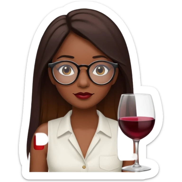 a woman with dark skin.
She has long, straight brown hair. with wine ombré hair 
He wears black-framed glasses. vintage oval.
She wears a white sleeveless blouse. sticker