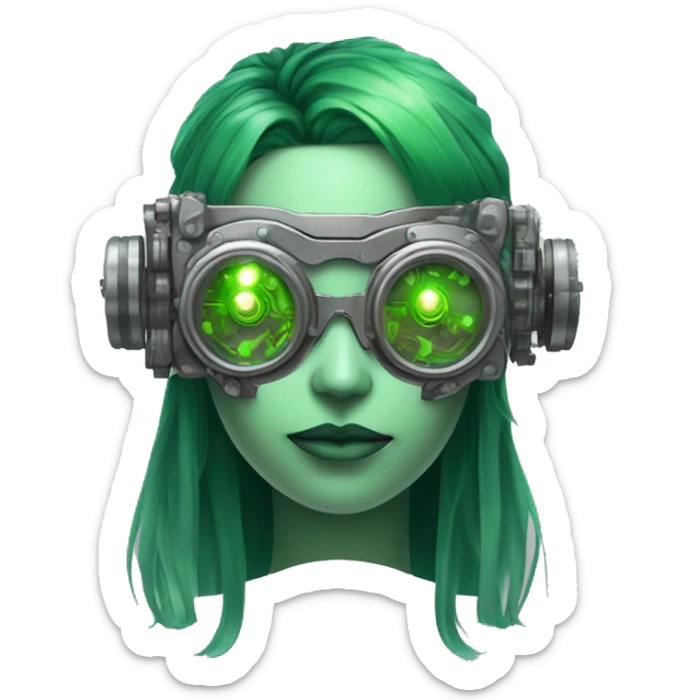 Green female cyborg head with green long hair, grey steampunk goggles and circuitry sticker