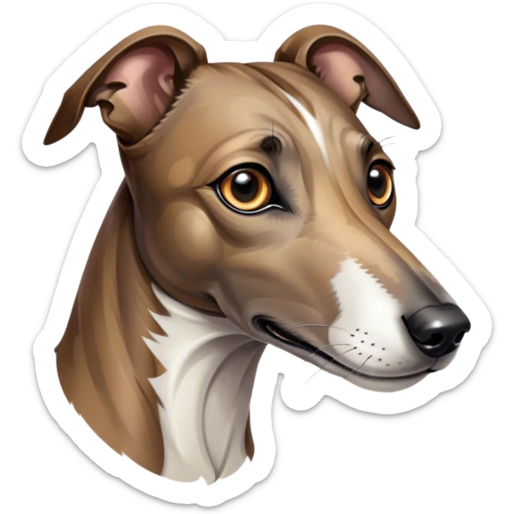 Cinematic Noble Brindle Greyhound Portrait Emoji, Poised and regal, with a slender, aerodynamic build and a refined brindle Fur, deep-set soulful eyes, Simplified yet sharp and sophisticated features, highly detailed, glowing with a soft, dignified glow, high shine, intelligent and agile, stylized with an air of elegance, focused and attentive, soft glowing outline, capturing the essence of a watchful and graceful racer, so majestic it feels as though it could dash out of the screen with effortless authority! sticker