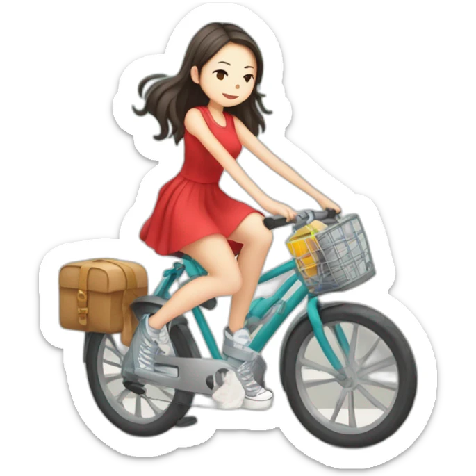 Taiwanese girl with lazy hairstyle wearing red dress and converse shoes riding bicycle and listen music wearing earphone sticker