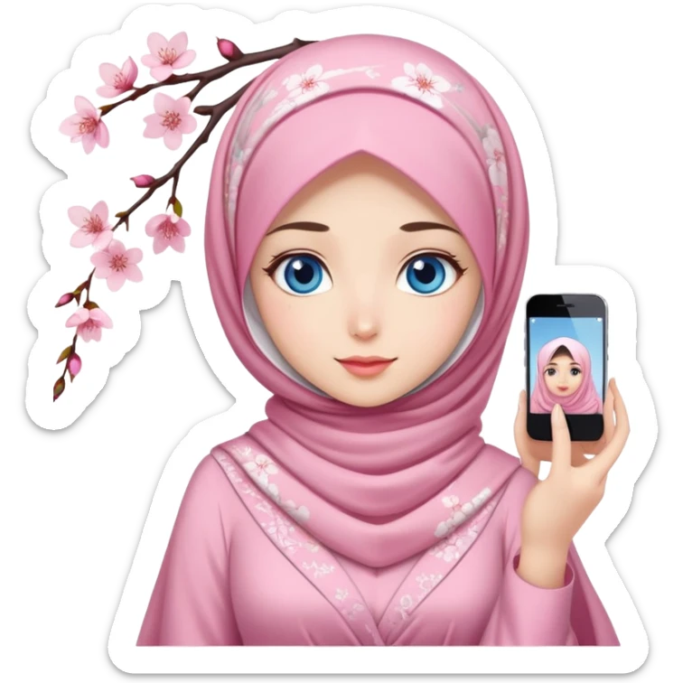 Turkish beautiful finish Konya girls blue eyes with lovely cherry blossom hijab long tail dress and she takes photo sticker
