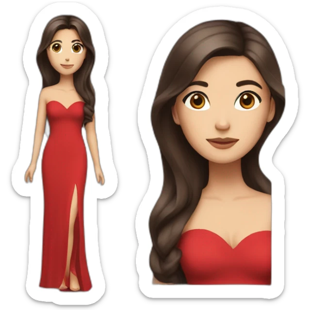 brunette with long straight hair with brown eyes in an ankle-length red evening dress sticker