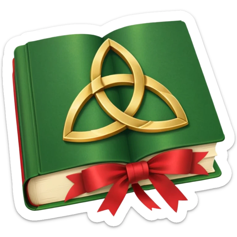 a green closed book with a golden triquetra on it with a red ribbon between the paged sticker