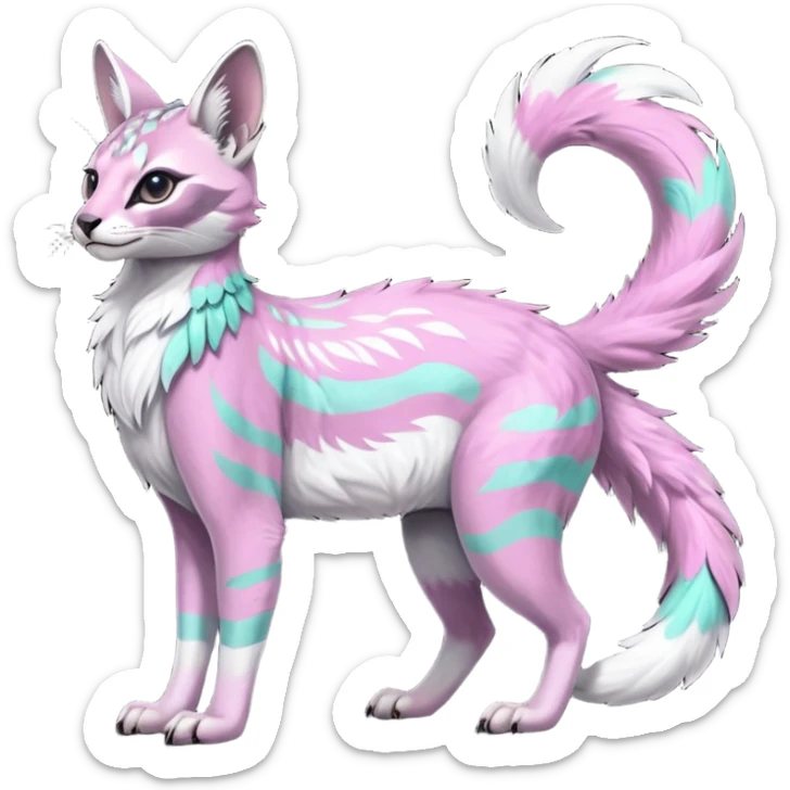 Colorful dark tropical feathery tribal pale light fruity pastel white glorious iridescent divine exotic cute cool beautiful beautiful fantasy-caracal-civet-genet-sergal-vernid-Gryphon-Cacomistle-Trico-oncilla-animal-Fakémon-hybrid-fursona (full body) sticker