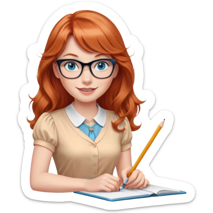 redheaded woman with long wavy hair and bangs, blue eyes, clear cat-eye glasses, short-sleeve apricot blouse, pencil skirt, holding a pencil, smiling sticker