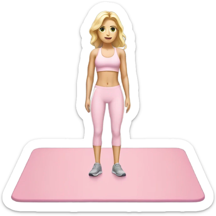 A blonde white girl in a light pink fitness suit with a full-length fitness mat sticker