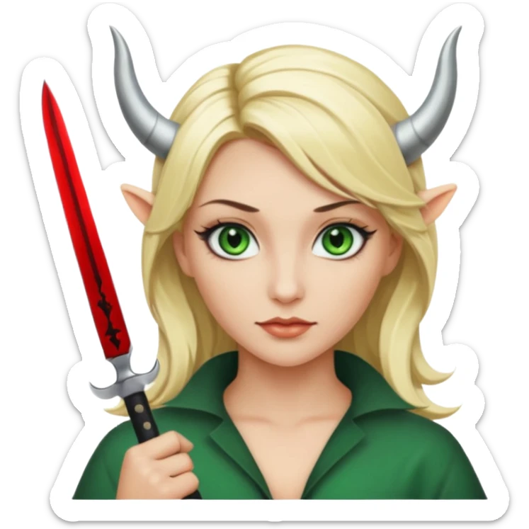 Emoji femme blonde cheveux blond, yeux vert avec de long cils noir qui a des cornes et tiens un couteau  sticker