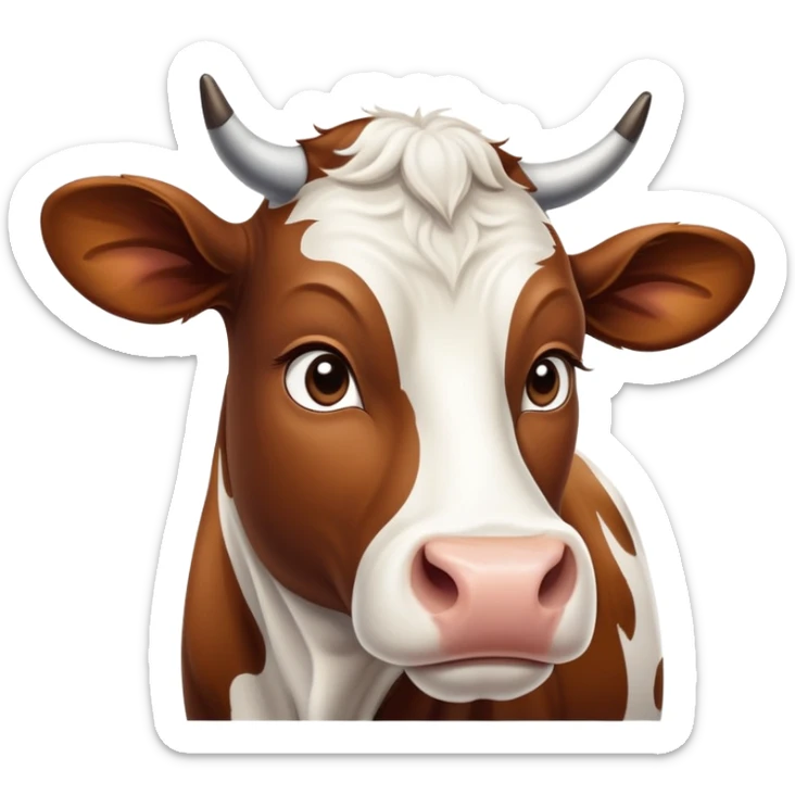 cinematic-noble-brown-and-white-cow-portrait-emoji,-poised-and-regal,-with-a-large,-sturdy-build-and-a-beautifully-patterned-hide-of-rich-brown-accented-by-crisp-white-patches,-deep-set-soulful-brown-eyes,-simplified-yet-sharp-and-sophisticated sticker