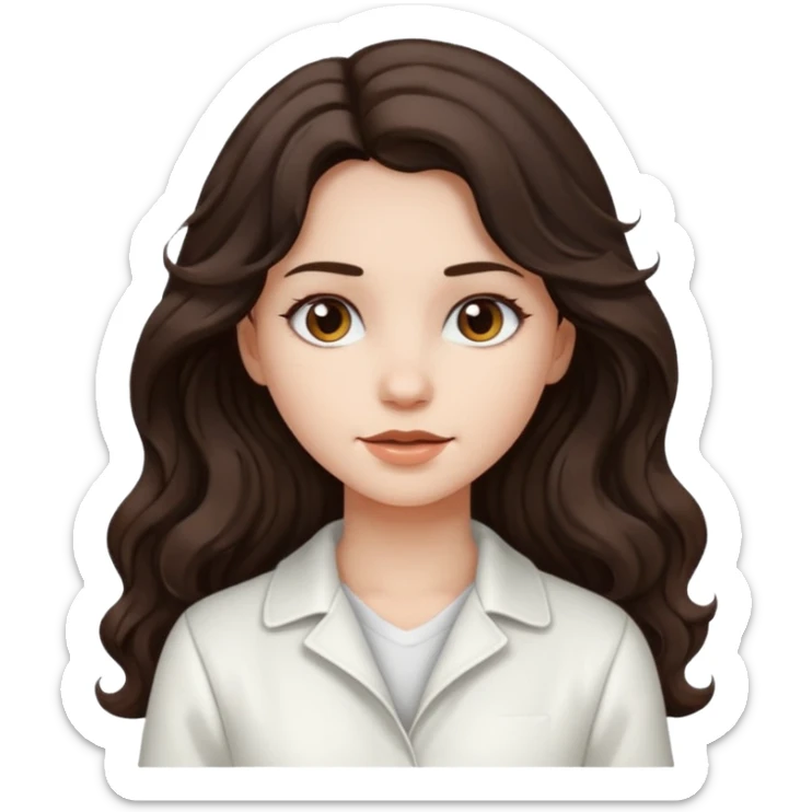 A girl in white with dark brown long wavy hair and very white skin sticker