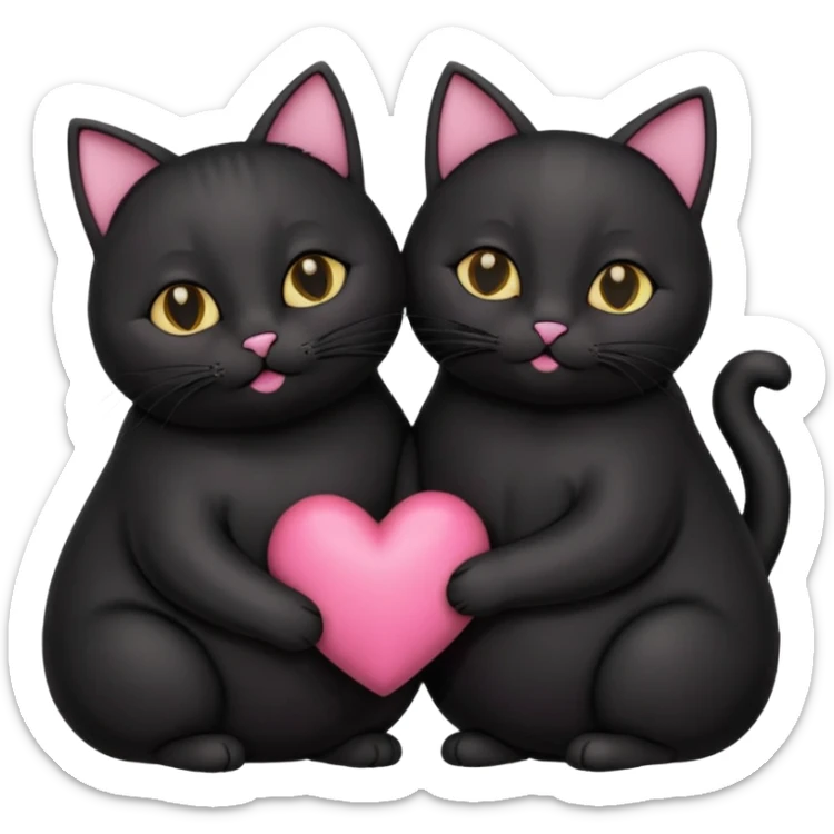two fat cute black cats love, pink heart, closed mouth, black ears sticker