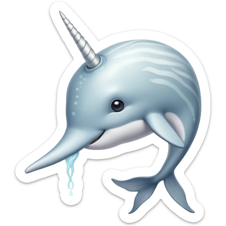 Cinematic Noble Narwhal Portrait Emoji, Poised and majestic, with a robust, streamlined body draped in mottled, silvery-gray skin, featuring a long, spiraled, ivory tusk and deep, thoughtful eyes that exude ancient oceanic wisdom, Simplified yet sharp and sophisticated features, highly detailed, glowing with a soft, ethereal arctic glow, high shine, intelligent and enigmatic, stylized with an air of mythical marine grandeur, focused and graceful, soft glowing outline, capturing the essence of a watchful and confident sea unicorn that appears ready to glide out of the screen with timeless authority! sticker