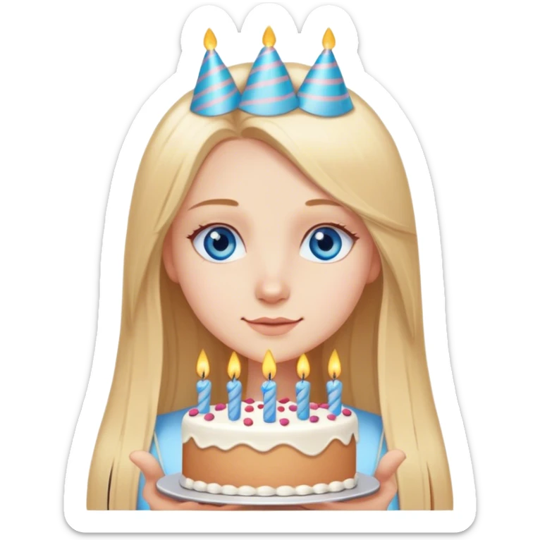 Straight long blonde hair blue eyes girl holding birthday cake sticker