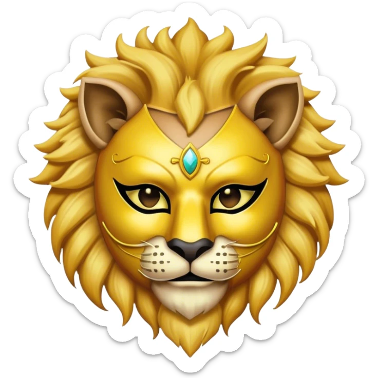 a man, with a Yellow vest,  wear half-face golden Lion masquerade mask sticker