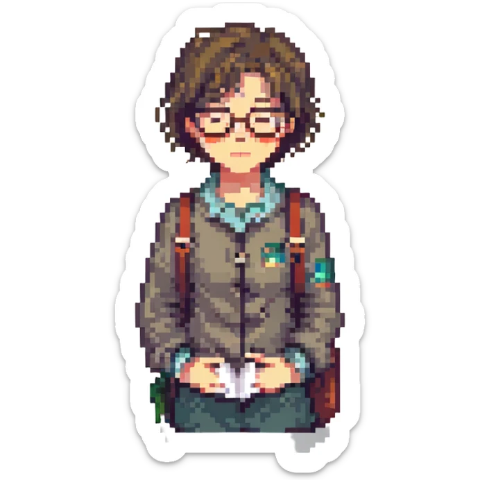 short-haired girl with a boyish style, tired face, wearing glasses, pixel art style sticker