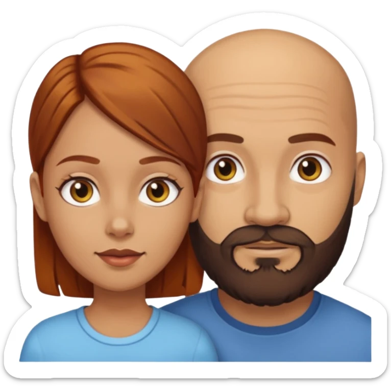 Couple. A bald man with dark brown beard and a girl with light skin. She has dark yellow brown auburn hair. Different skincolor. She has very light skin. sticker