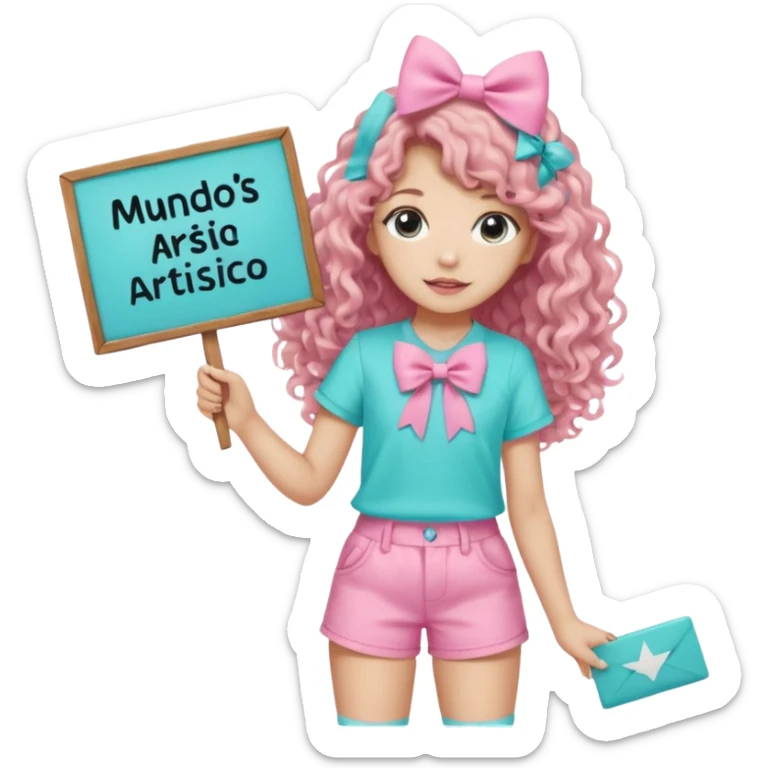 Crea una imagen mía kawai para stickers q tenga bonitos ojos cabello largo crespo color castaño claro y un hermoso moño rosa la blusa rosada y un hermoso chort color azul aguamarina y en sus manos un letrero q diga mundos Artistico Cc los zapatos estilo converse sticker