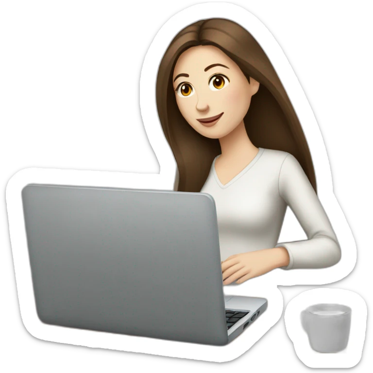 woman with long straight brown hair and pale skin using a laptop as a tray for a coffee mug sticker