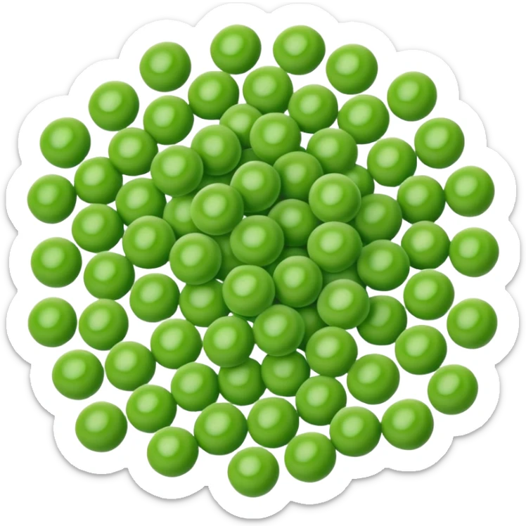 scatter of frozen green peas, bright green, round and smooth, uniform size, frosted matte surface, subtle hue variation, no extras, soft lighting, emoji scale sticker