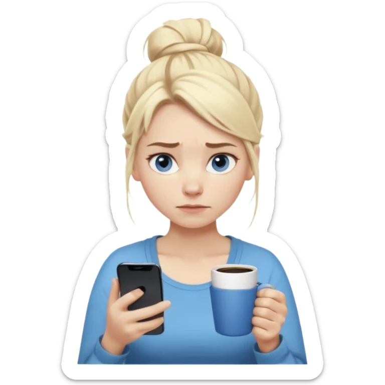 Cartoon emoji of a Scandinavian-looking woman with light blonde hair, pale skin, blue eyes. Portrait mode. Messy bun, tired eyes, tense face. Holding phone and coffee, rushed posture. Clearly busy, overwhelmed, slightly miserable. Smooth, simple, stylized sticker