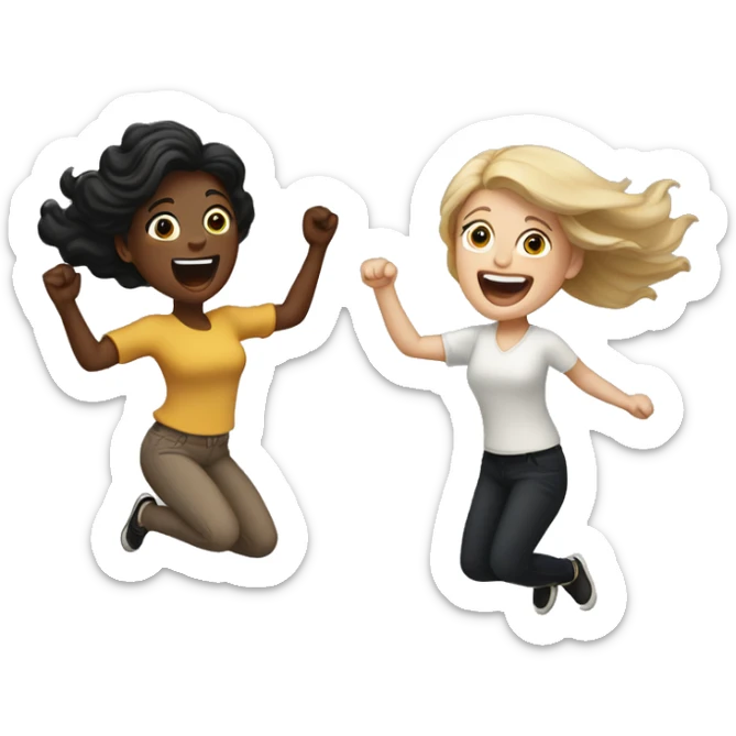 Two white women, one light brown and one black hair, jumping up excitedly sticker