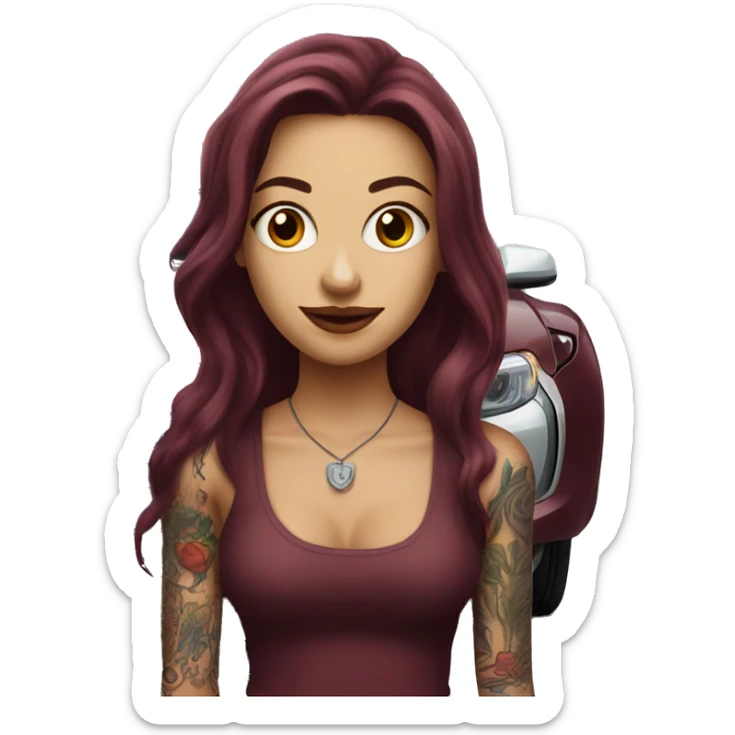 Beautiful tattooed burgundy long haired woman standing next to a car sticker