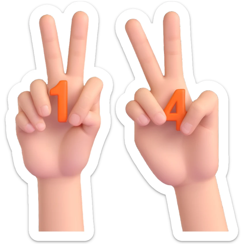 two hands, one showing the number 1 with fingers, the other showing the number 4 with fingers, clear and expressive, suitable for emoji or icon sticker