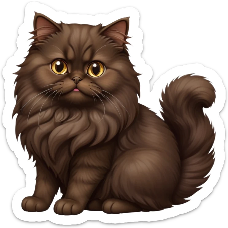 cinematic-[dark brown persian cat]-realistic-full-body-sitting-emoji,-tail-curled-playfully-around-its-paws,-head-tilted-dramatically,-fluffy-[dark brown]-fur,-simplified-yet-realistic-focused-features,-highly-detailed,-glowing-with-an-almost-sarcastic-glow sticker