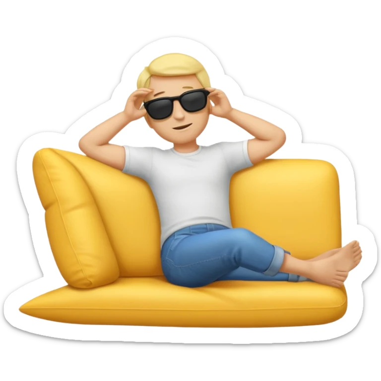 A full-body emoji man, with classic yellow skin tone, lying down or leaning back in a relaxed pose. He is wearing sunglasses and has both arms behind his head. The style should match standard emoji designs (like Apple sticker