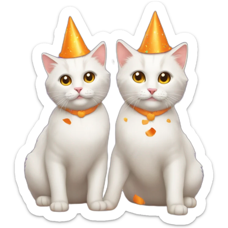 two white cats full body with orange party hats and confetti behind cats at a party sticker