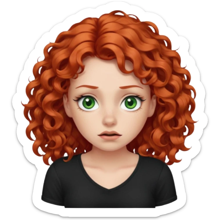 Red-haired girl with long curly hair and green eyes, rosy, with eyelashes, in a black T-shirt with a small neckline. She rolls her eyes, heard something very stupid sticker
