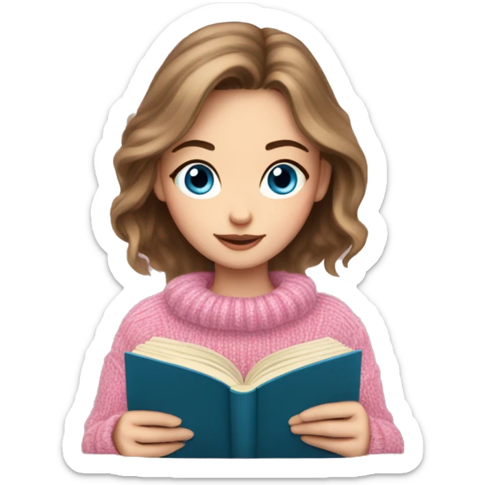 Pretty white girl with blue eyes and brown hair in pink cozy sweater reading book sticker