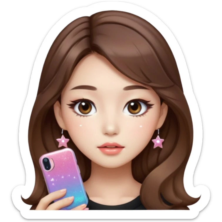 “korean straight brown hair Emoji girl, soft eyeliner and blush, gradient lips, light brown shimmer eyeshadow, sparkly aegyo-sal, long wavy hair,  sticker