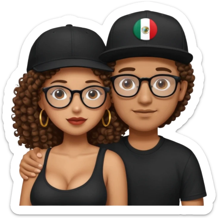 A picture of a tanned couple embracing. the guy is Mexican, with a bald hair cut and he has a SnapBack hat on. The girl is mixed, the girl is wearing a black shirt, the girl has brown curly big hair and the girl has big boobs and the girl wears glasses  sticker