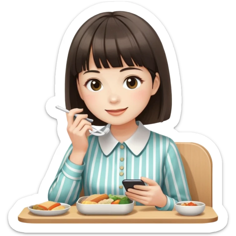 Gender: Female Hair: Blunt bangs with chin-length cut Face: Soft oval shape, closed-mouth smile Clothes: Collared striped blouse Action: Eating bento while scrolling phone sticker
