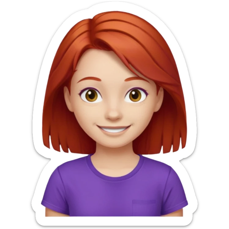 Young girl with red hair, wearing a purple T-shirt, with a smiling face sticker