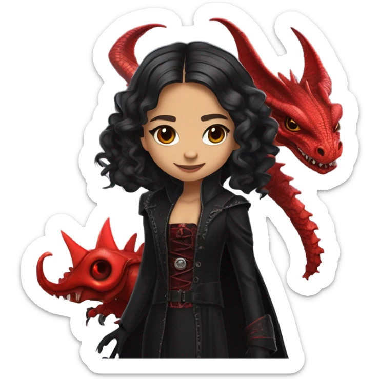 surprised Lavish Victorian black evening gown with gloves, Jenna Ortega as Addams girl Jedi wearing a steampunk mini tiara, very large blood red evil-looking horned dragon sticker